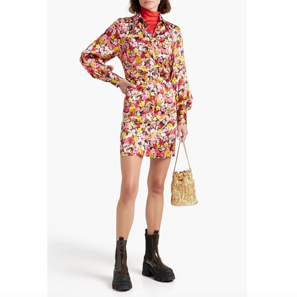 Ganni Ruched Floral-Print Silk-Blend Satin Mini Shirt Dress